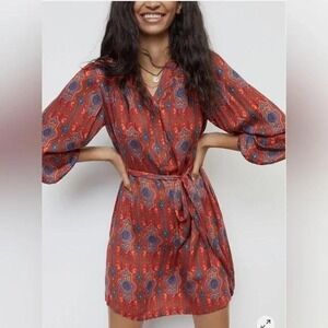 Anthropologie Rosemary Tunic Red Motif Shift Dress Long Sleeve Sz M PETITE